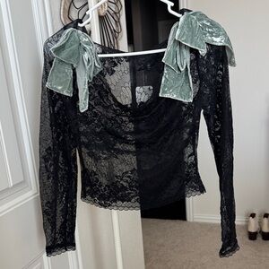 Chic Black Lace Blouse with Velvet Details